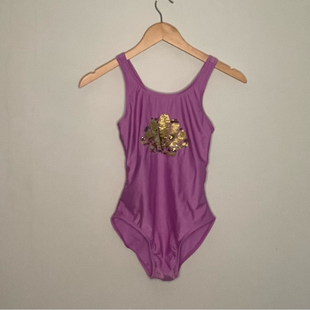 NWT Girls Purple Two Sided Sequins Gold and Silver Sea Shell 1 piece  Swimsuit